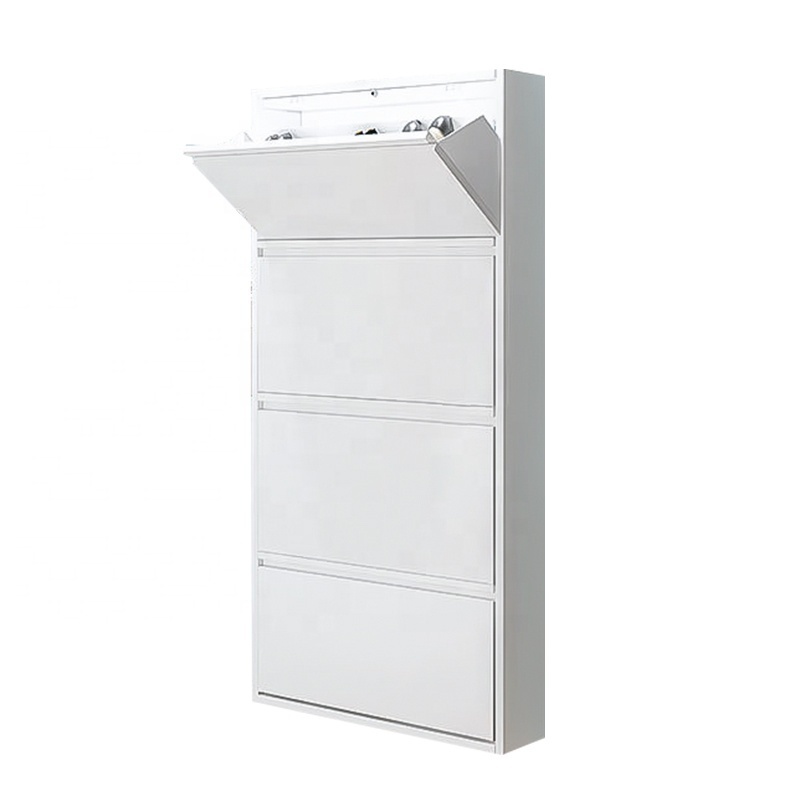 Wholesale freestanding shoe rack narrow 4 flip drawers metal shoe storage cabinet for home hallway entryway