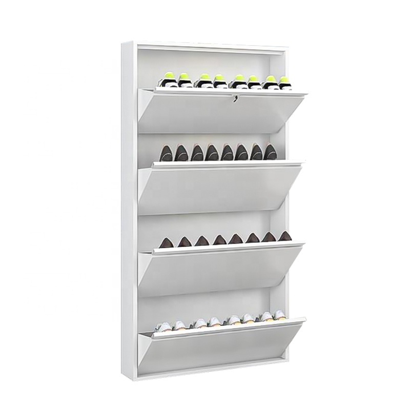 Wholesale freestanding shoe rack narrow 4 flip drawers metal shoe storage cabinet for home hallway entryway