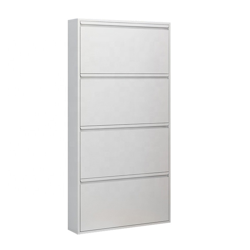 Wholesale freestanding shoe rack narrow 4 flip drawers metal shoe storage cabinet for home hallway entryway