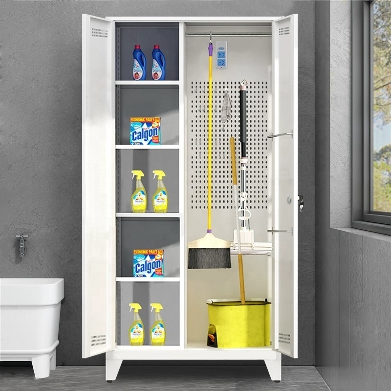 Multipurpose sanitary ware mop broom cleaning tool storage cabinet garage office metal cupboard with feet