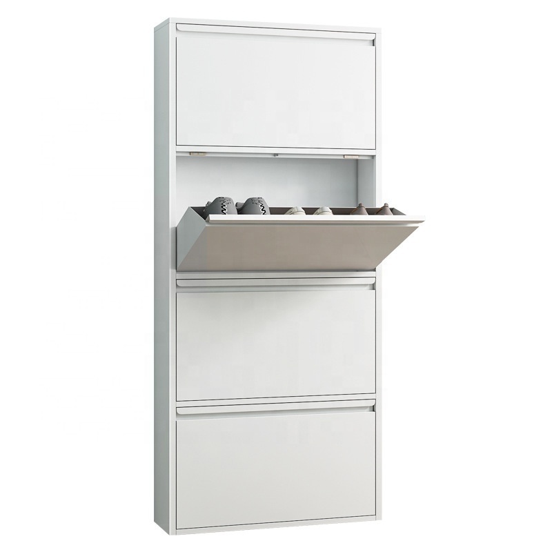 Home furniture white steel shoe rack cabinet hallway entry way corner narrow metal storage shoes cabinet