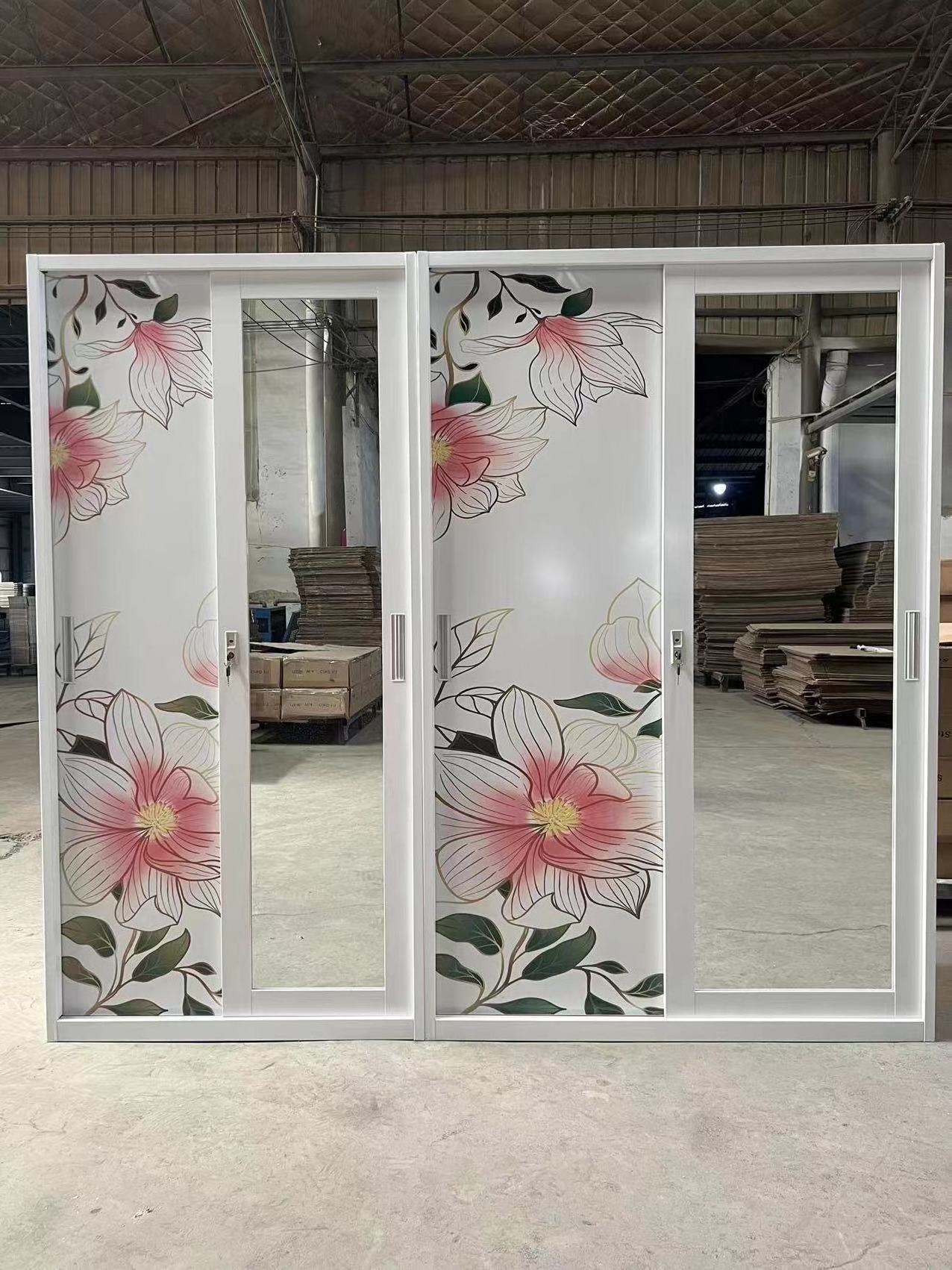 custom printing wardrobe with mirror steel frame bedroom design cabinet powder coated furniture metal shelve 2 door closet