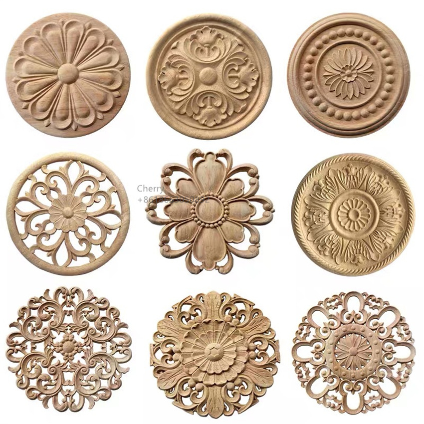 Round Carved Appliques Onlays Unpainted Wood Flower Carvings Center Decorative Decals For Door Wall Ceilling