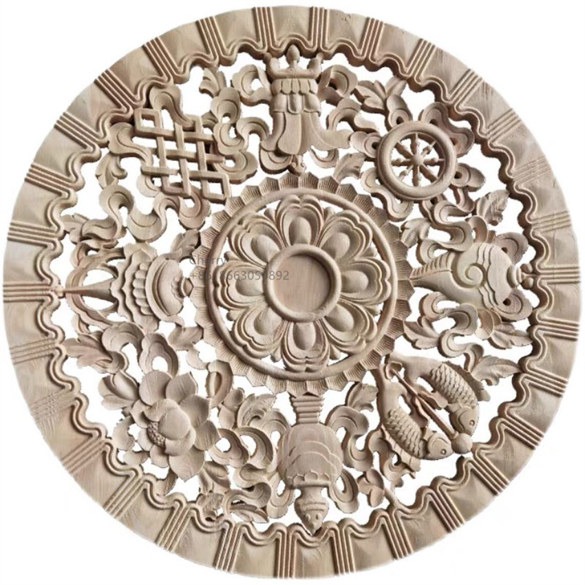 Round Carved Appliques Onlays Unpainted Wood Flower Carvings Center Decorative Decals For Door Wall Ceilling