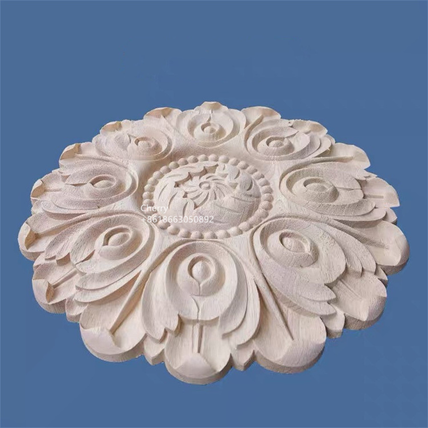 Round Carved Appliques Onlays Unpainted Wood Flower Carvings Center Decorative Decals For Door Wall Ceilling