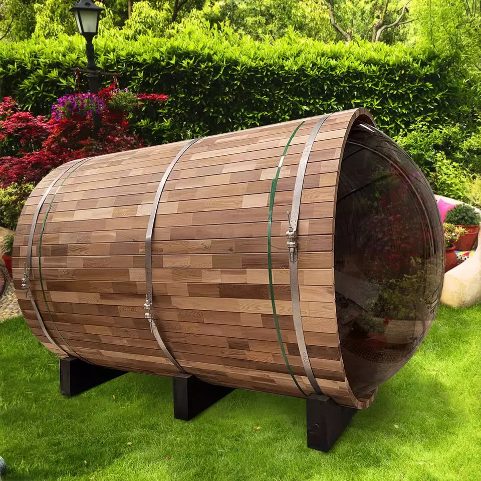 Factory wholesale Wooden Traditional 1-2 Person Wooden Garden Steam sauna room Outdoor Barrel Sauna with electric stove