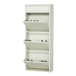 Thin Shoe Cupboard Steel Shoe Storage Rack 3 Flip-Drawer Metal Shoe Cabinet For Home