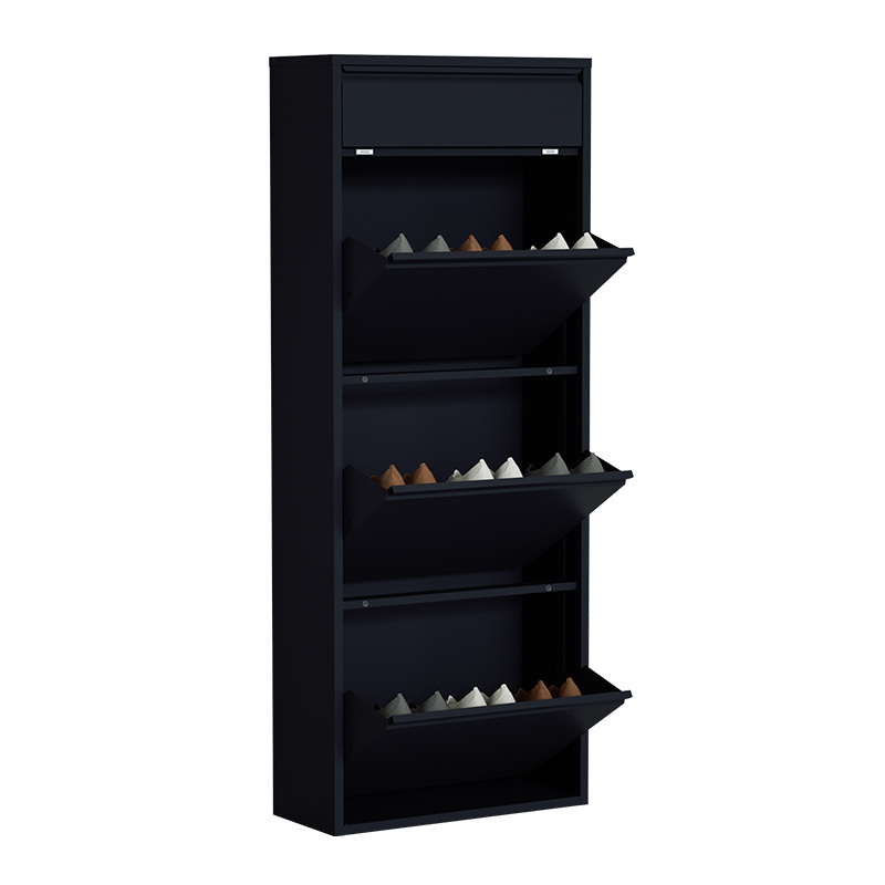 Thin Shoe Cupboard Steel Shoe Storage Rack 3 Flip-Drawer Metal Shoe Cabinet For Home