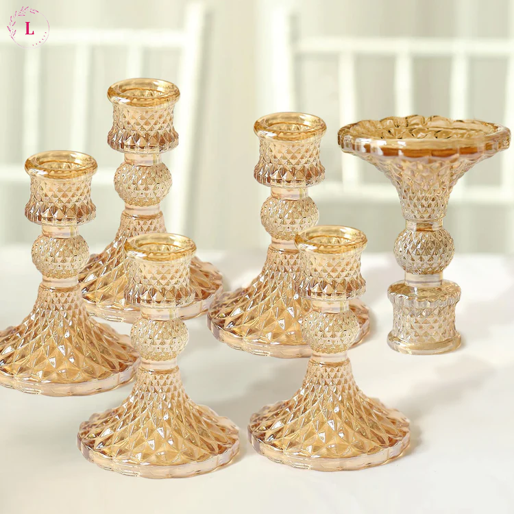 Gold Glass Diamond Pattern Taper Candlestick Reversible Candelabra Crystal Pillar Candle Holders Stands