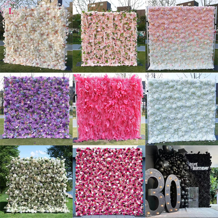 Wedding Decoration 5d Flowers Wall Backdrop 8ft x 8ft Roll Up White Pink Purple Blue Red Rose Pampas Artificial Flower Wall