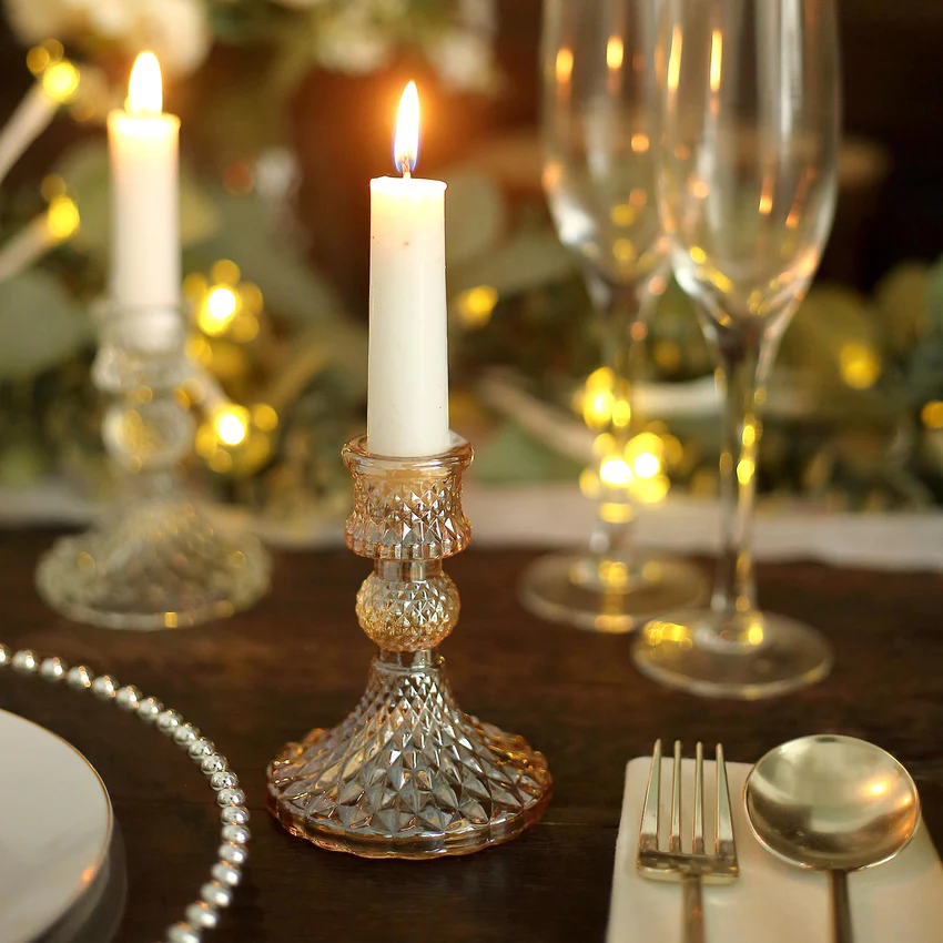 Gold Glass Diamond Pattern Taper Candlestick Reversible Candelabra Crystal Pillar Candle Holders Stands