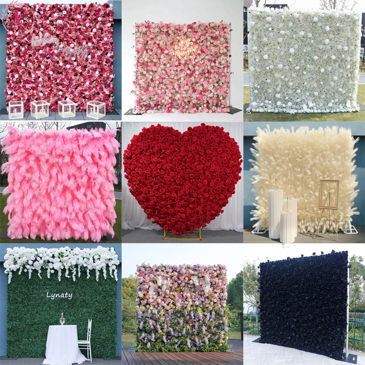 Wedding Decoration 5d Flowers Wall Backdrop 8ft x 8ft Roll Up White Pink Purple Blue Red Rose Pampas Artificial Flower Wall