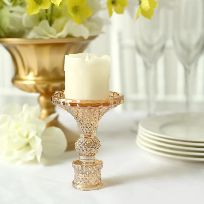 Gold Glass Diamond Pattern Taper Candlestick Reversible Candelabra Crystal Pillar Candle Holders Stands