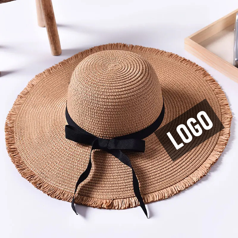 Wholesale Ladies Summer Hats With Wide Brim Embroidered Custom Summer Beach Sun Floppy Paper Straw Hat For Women