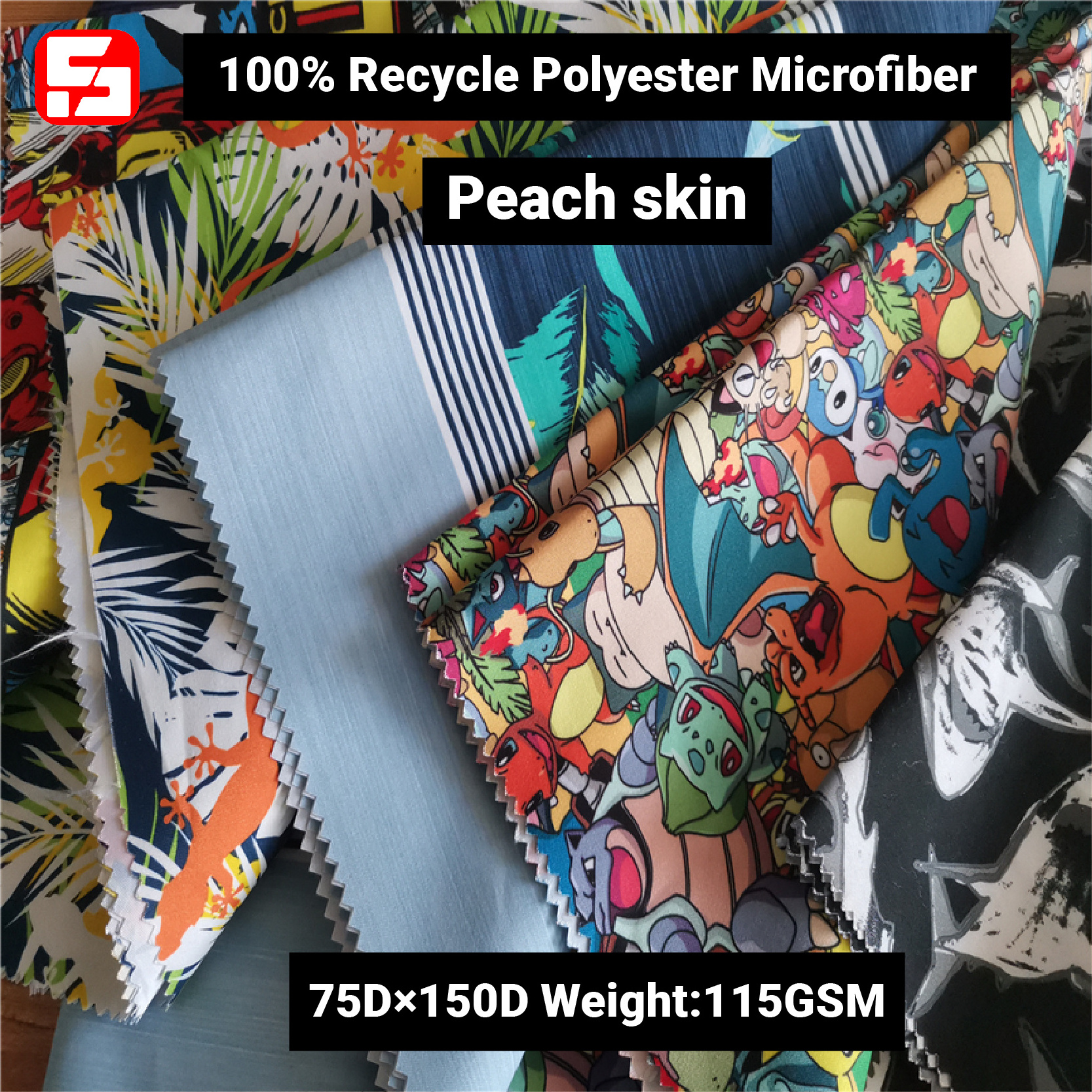 Custom Peach skin fabric RPET 100% Recycled polyester microfiber peach skin fabric digital/sublimation print twill fabric