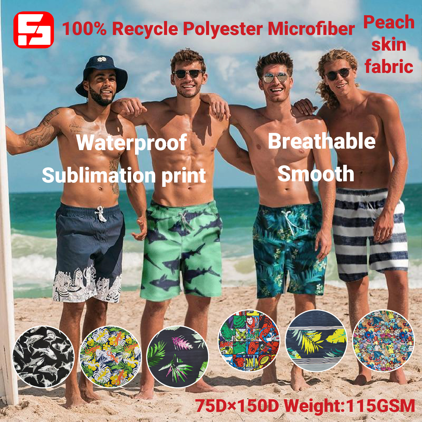 OEM design recycled polyester printed summer swimwear fabric peach skin microfiber fabric for beach shorts for men women