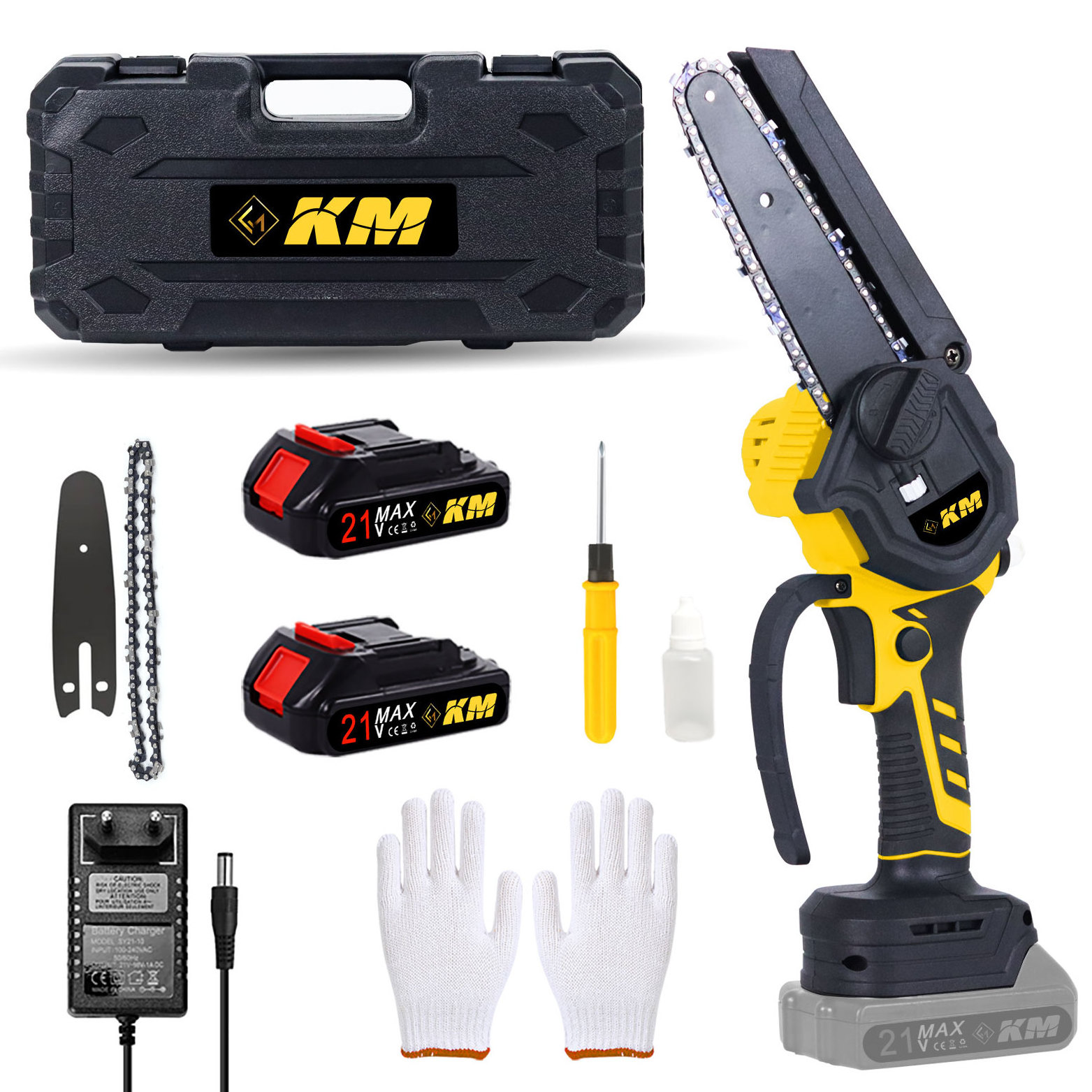 KM New Arrival 21V Lithium Battery Electric ChainSaw Cordless Hand Power Chain Saw For Garden