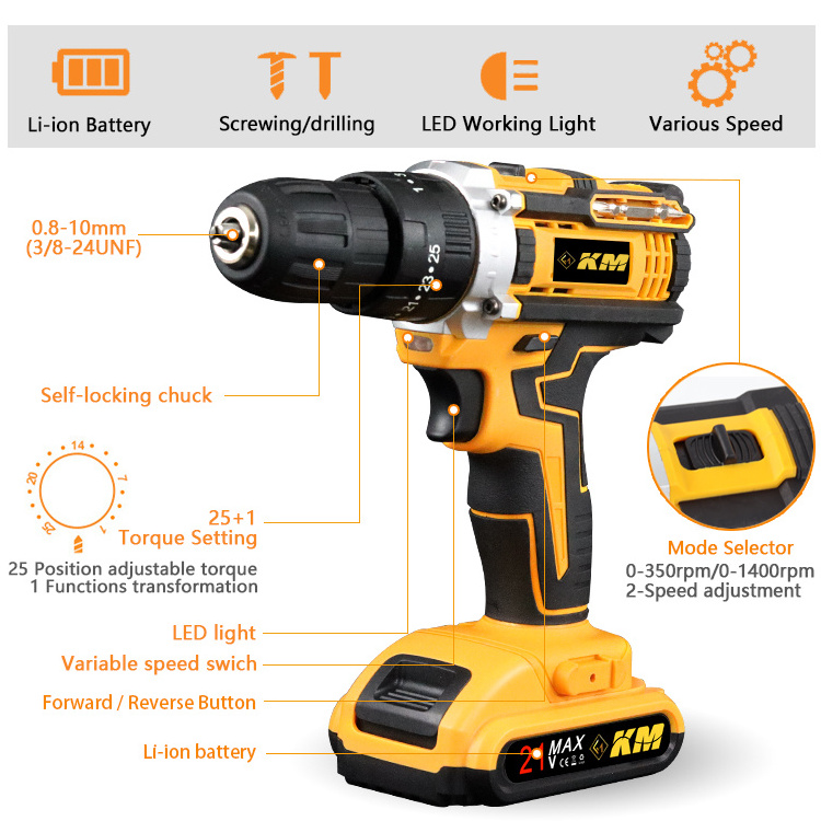 KM DIY Lithium Battery Charging Drill Portable Lithium Power Tools Cordless Drill Machine