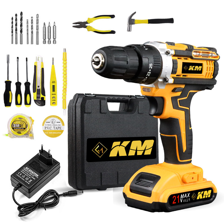 KM 21V/24V Portable Electric Impact Drill Rechargeable Lithium Battery Cordless Drill Set