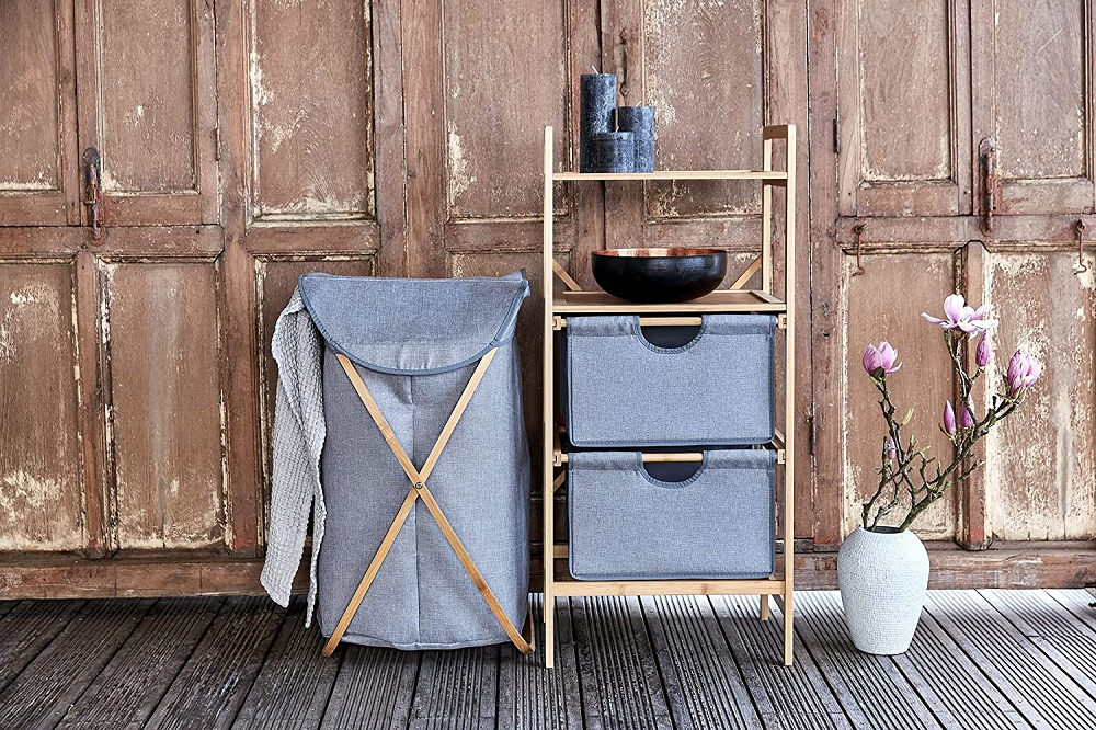 Custom Bamboo Basket Storage Drawers 3 Tier Bathroom Dresser Tower Organizer with 2 Removable Fabric Bins for Closet