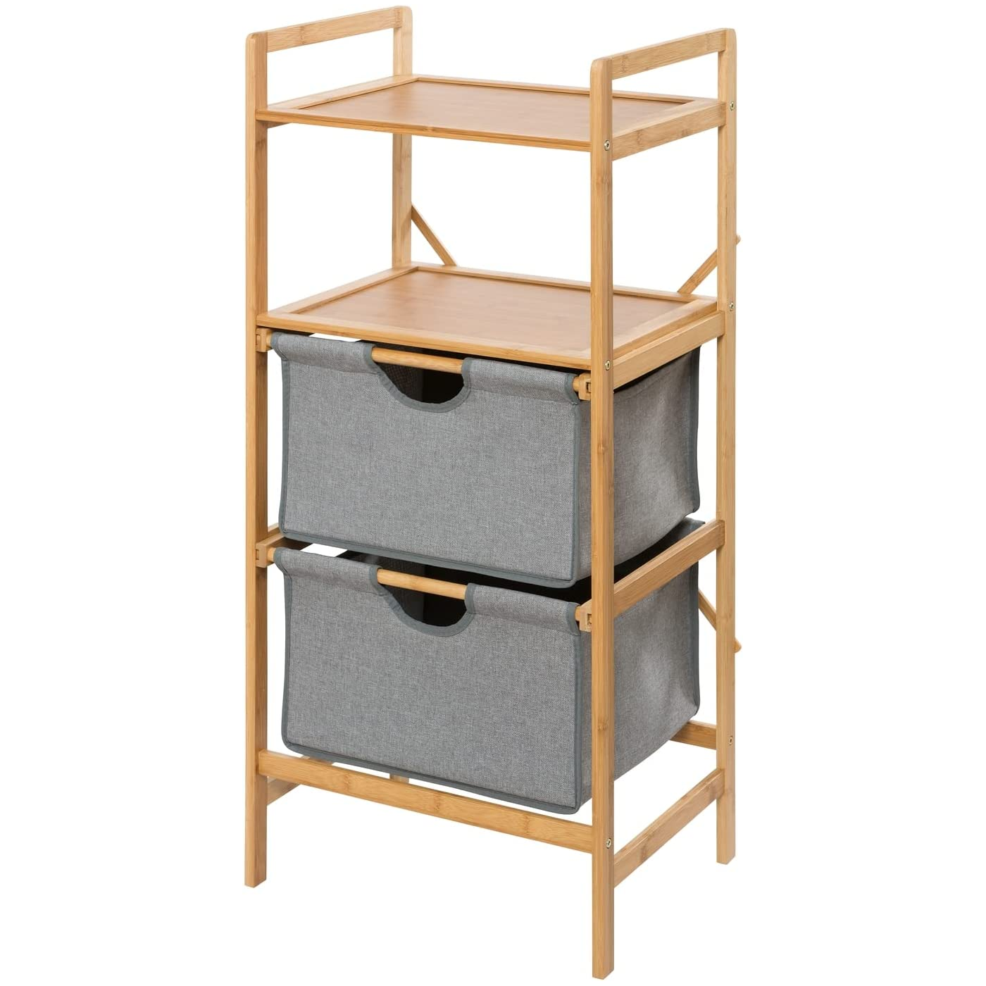 Custom Bamboo Basket Storage Drawers 3 Tier Bathroom Dresser Tower Organizer with 2 Removable Fabric Bins for Closet