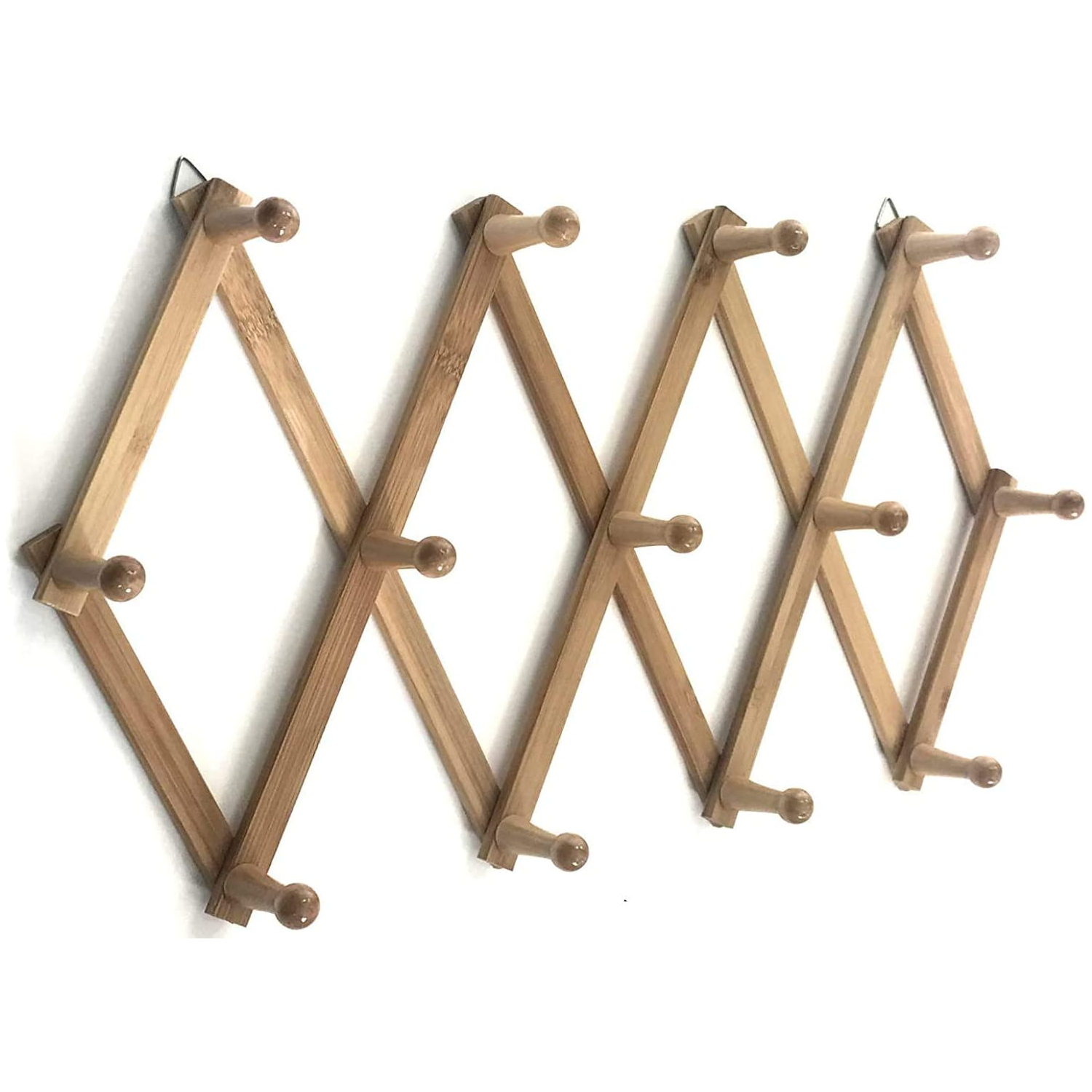 Bamboo space saving rotating wooden folding mounted wall coat rack with retractable hooks