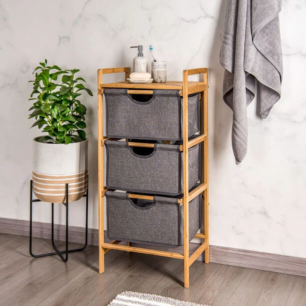 Custom Vertical Dresser Storage Tower 3 Tiers Bamboo Storage Drawers Fabric Bins Multi-Bin Organizer