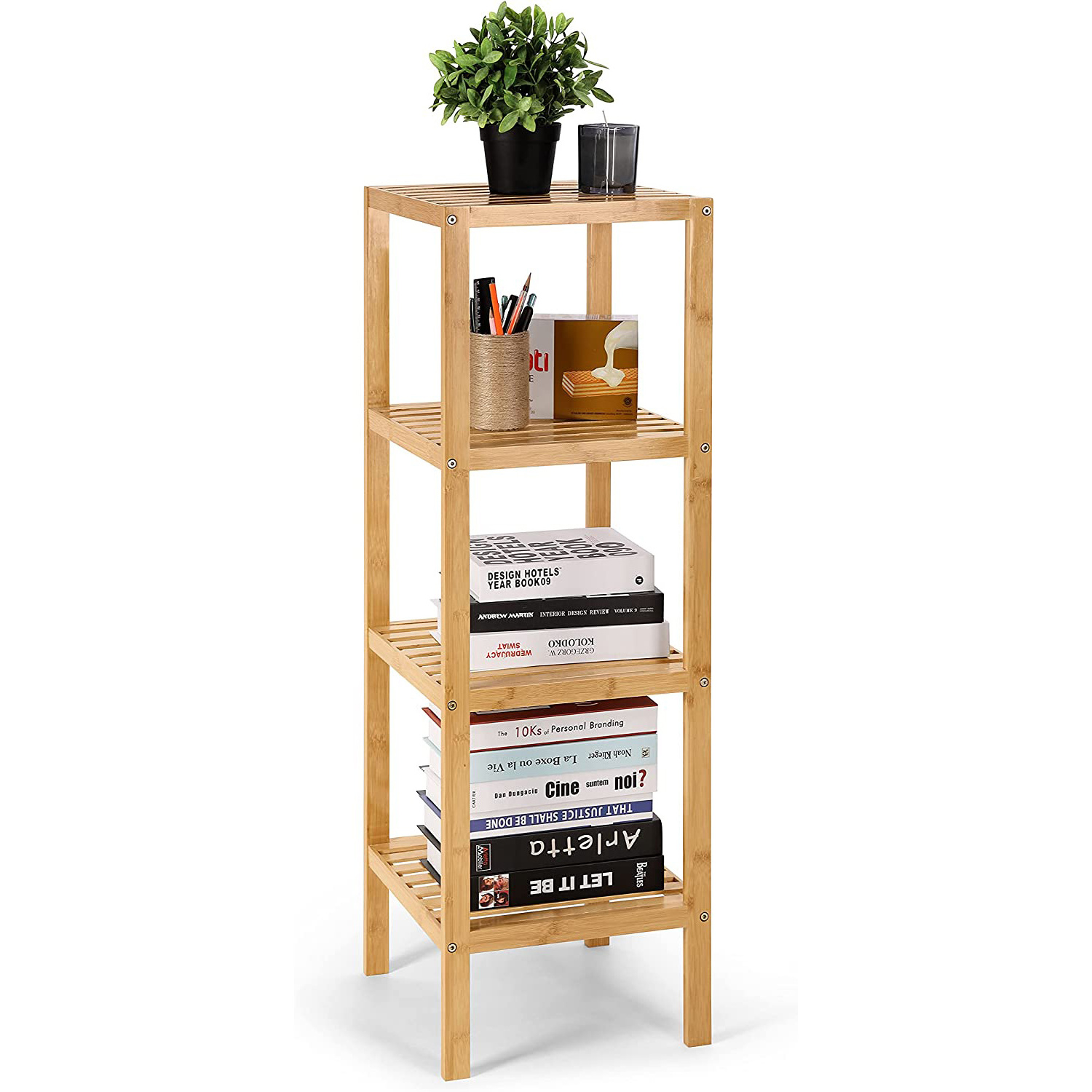 Custom 4-Tier Bamboo Bathroom Shelf Tower Free Standing Rack Storage Organizer Unit Multifunctional Bookshelf Plant Stand