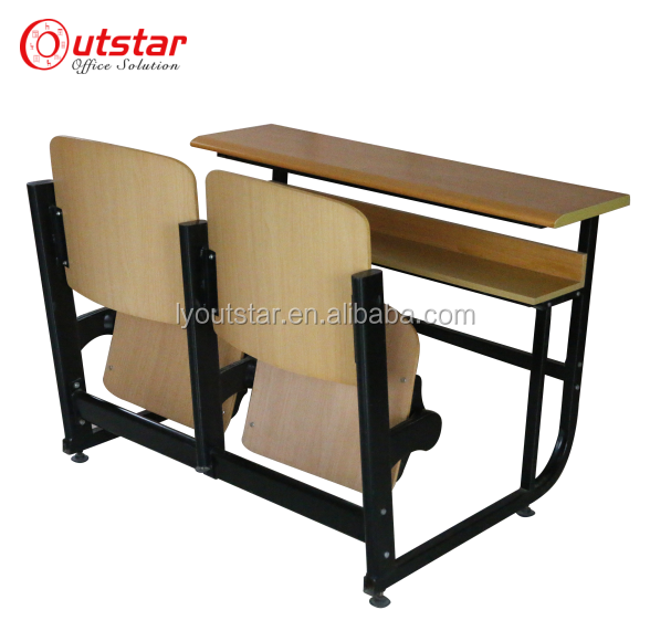 metal frame and wood combined double school desk and chair with back student tables with benches