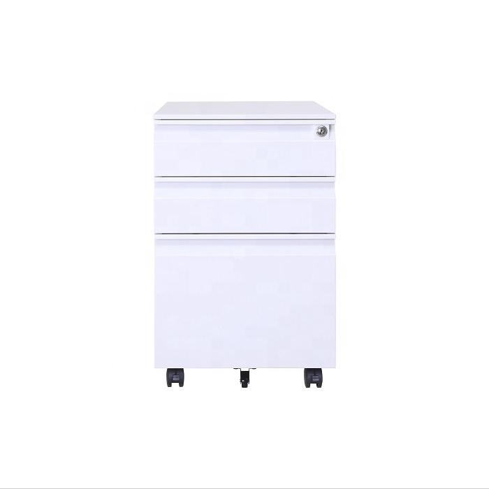 Anti Dumping Under Desk Gooseneck Handle 3 Drawer White Steel  Mobile Pedestal Cabinet Movable Storage Cabinet