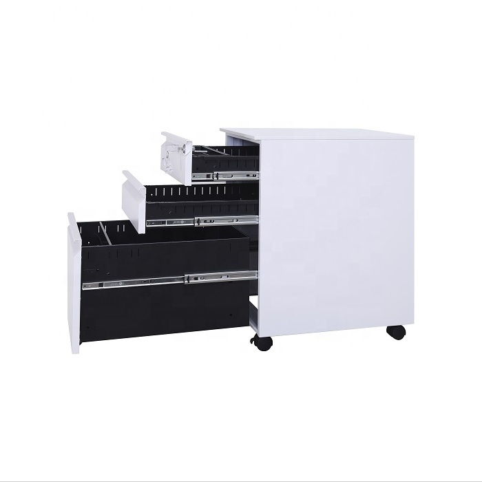 Anti Dumping Under Desk Gooseneck Handle 3 Drawer White Steel  Mobile Pedestal Cabinet Movable Storage Cabinet