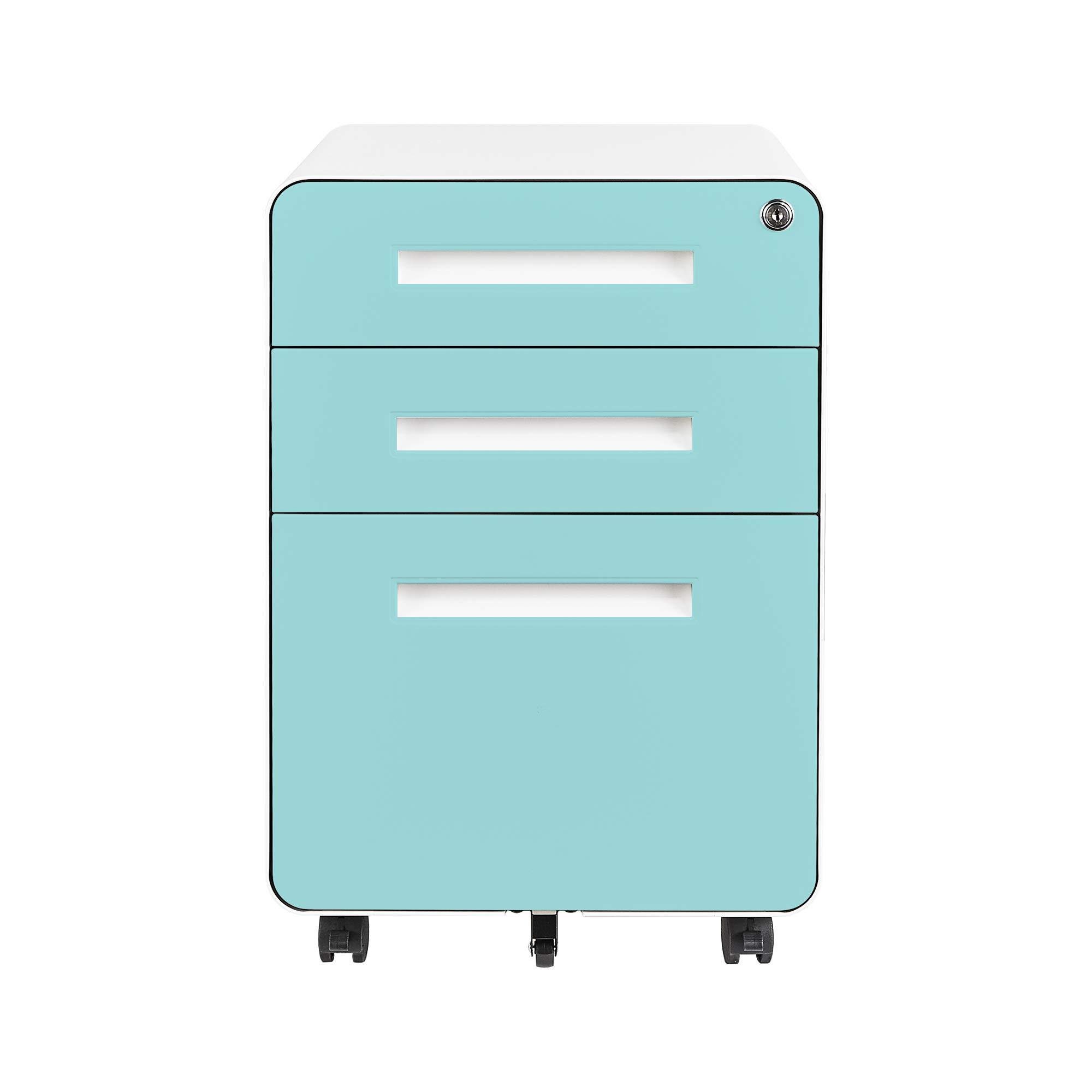 Mobile Metal File Cabinet with Lock-Fully Assembled 3 Drawer Storage Easy-Roll Casters and Round Corner for Safety