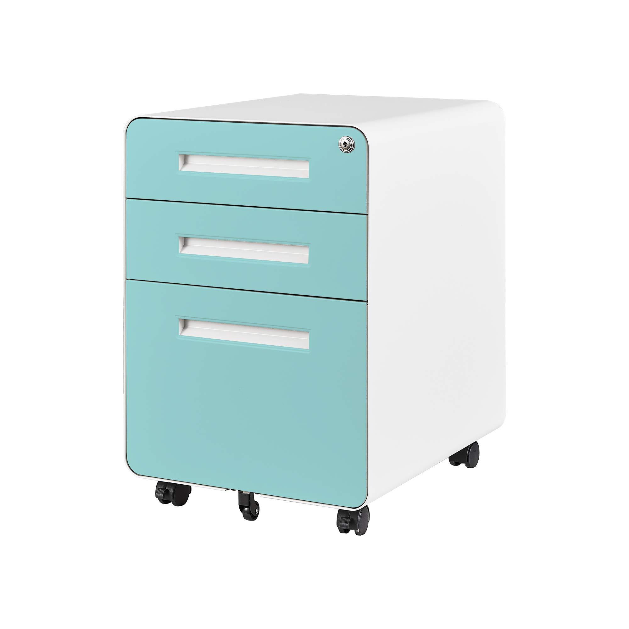 Mobile Metal File Cabinet with Lock-Fully Assembled 3 Drawer Storage Easy-Roll Casters and Round Corner for Safety