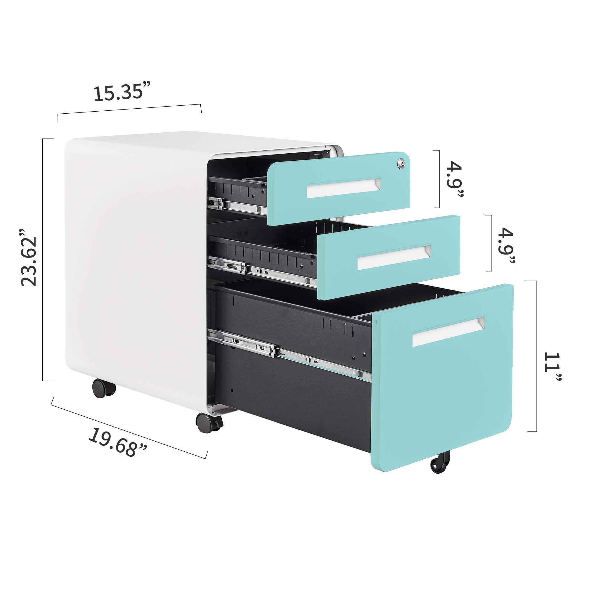 Mobile Metal File Cabinet with Lock-Fully Assembled 3 Drawer Storage Easy-Roll Casters and Round Corner for Safety