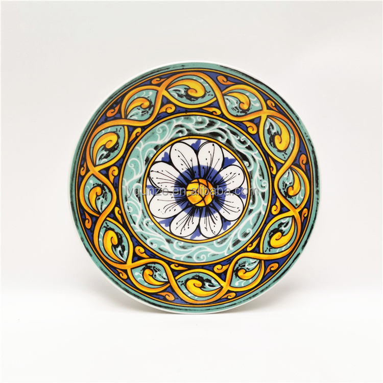 Wholesale Restaurant Full Decal 7.5/10.5inch Plate Dish Porcelain Serving Plates Round On-glazed Bohemian style