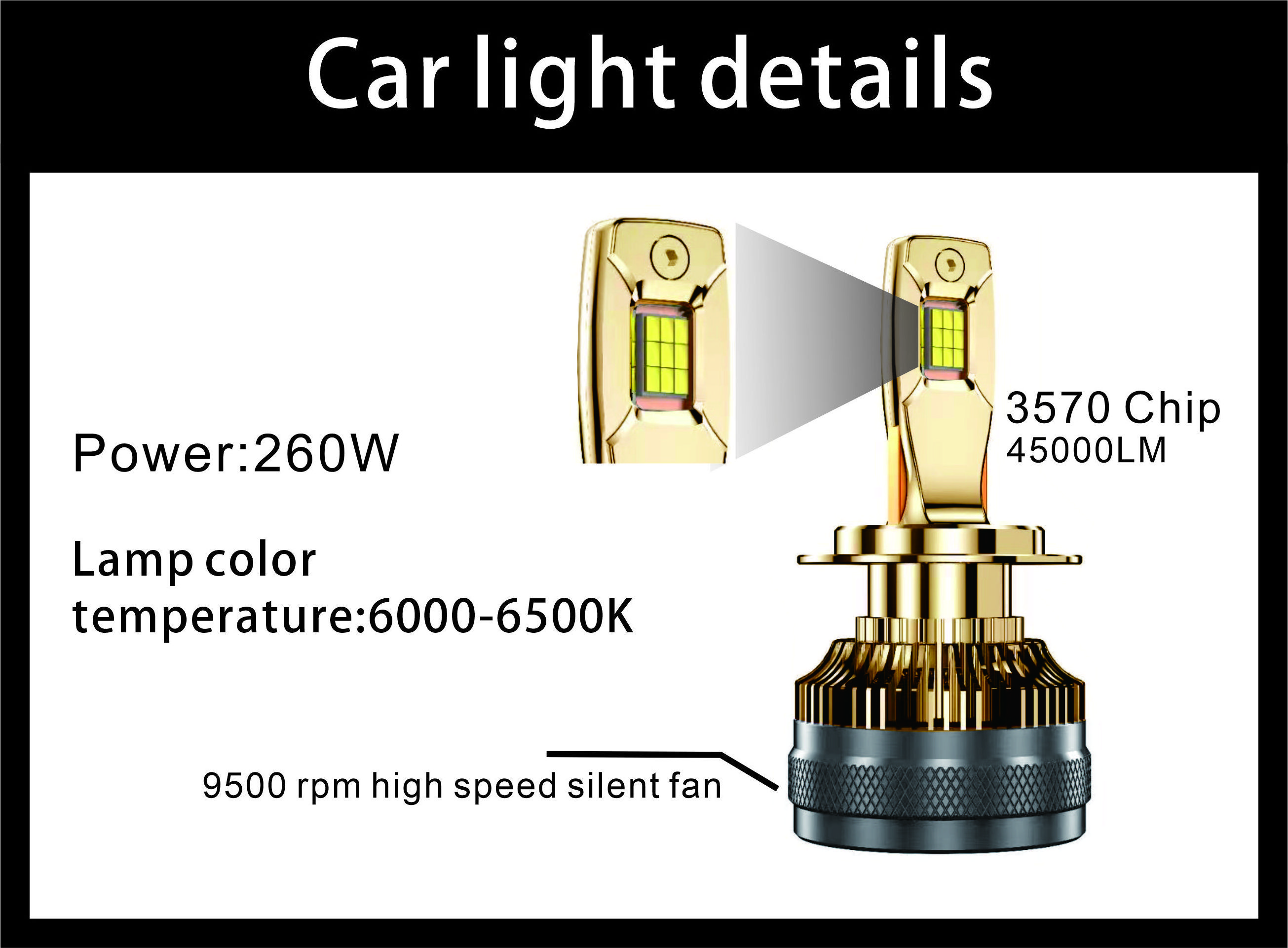 Gold plated car lights H1 H4 H7 H11 9005/6 260W LED car lights instead of halogen car lights dual LED projector