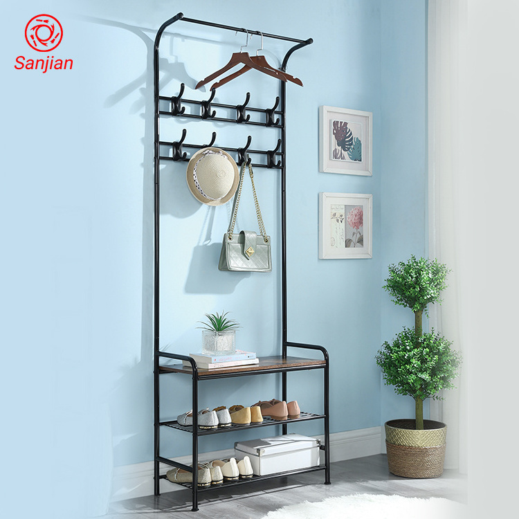 Modern Steel Clothes Hanger with shoe rack metal coat hat rack hanger stand Storage holder Shelves