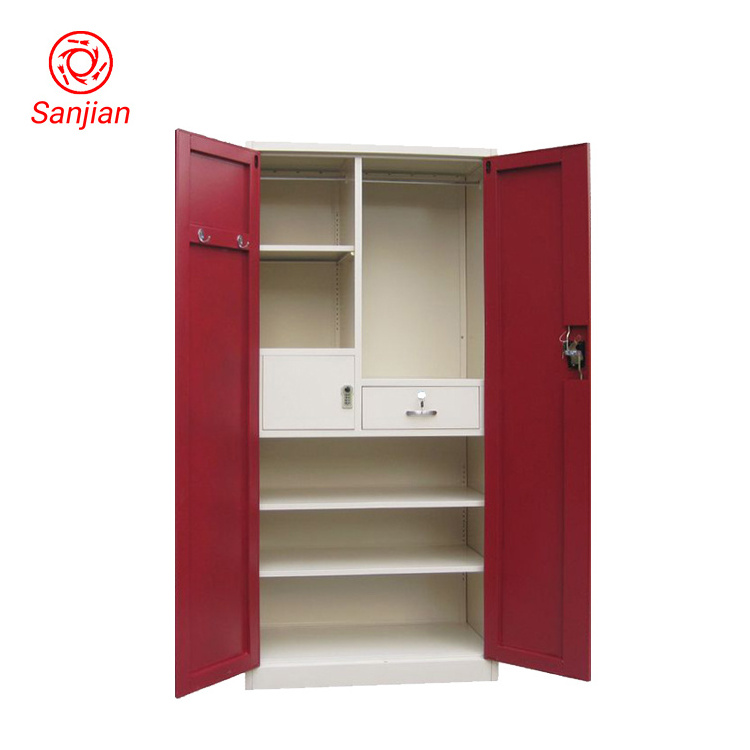 Sanjian KD customized red bedroom clothes storage 3 door steel almirah closet metal wardrobe locker with mirror