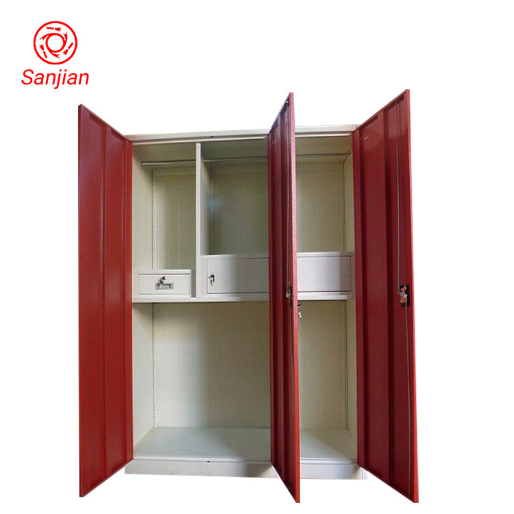 Sanjian KD customized red bedroom clothes storage 3 door steel almirah closet metal wardrobe locker with mirror