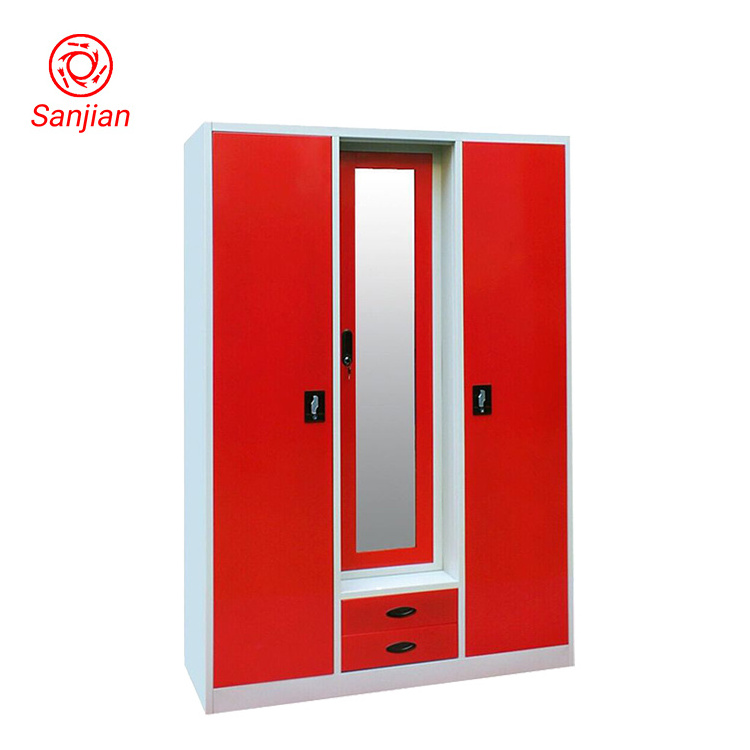 Sanjian KD customized red bedroom clothes storage 3 door steel almirah closet metal wardrobe locker with mirror