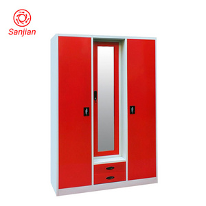 Sanjian KD customized red bedroom clothes storage 3 door steel almirah closet metal wardrobe locker with mirror