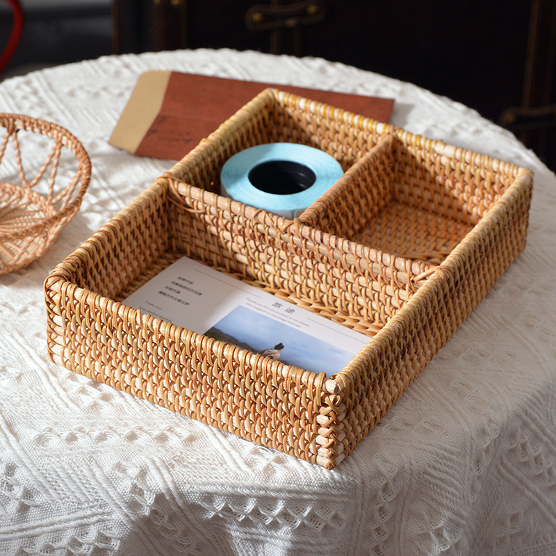 Handmade Autumn Rattan Woven Storage Box Clothes Coffee Table Snacks Storage Basket woven tray Wicker Trays rattan wall decor