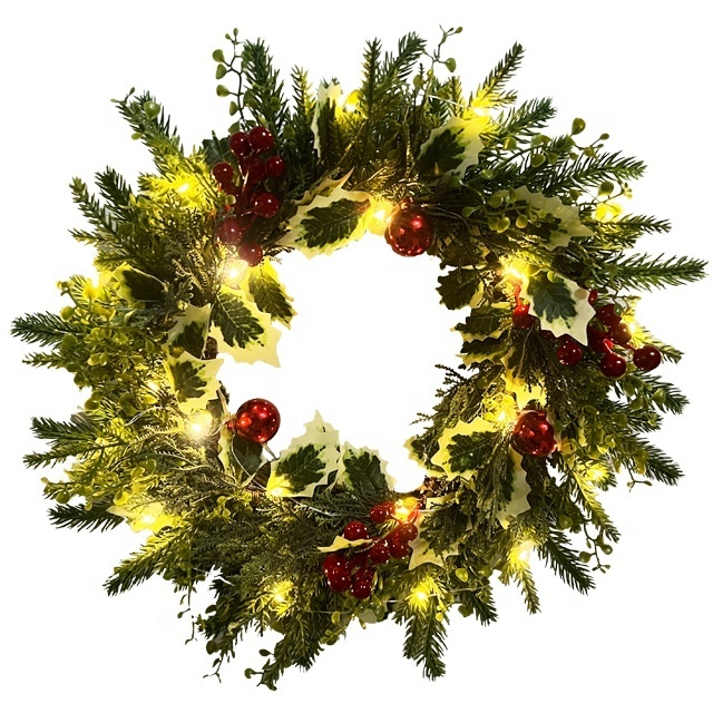 Hot Sale Artificial Red Berry Pine Needle Wreath Indoor Christmas Decoration Green Decorative Flowers&Wreaths Hanging Door Decor