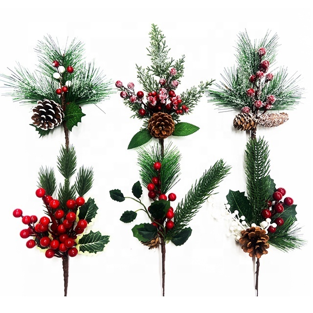 Christmas Decoration Pine Needle Cone Holly And Red Berry Floral Picks christmas berries branches artificial berry picks Stems