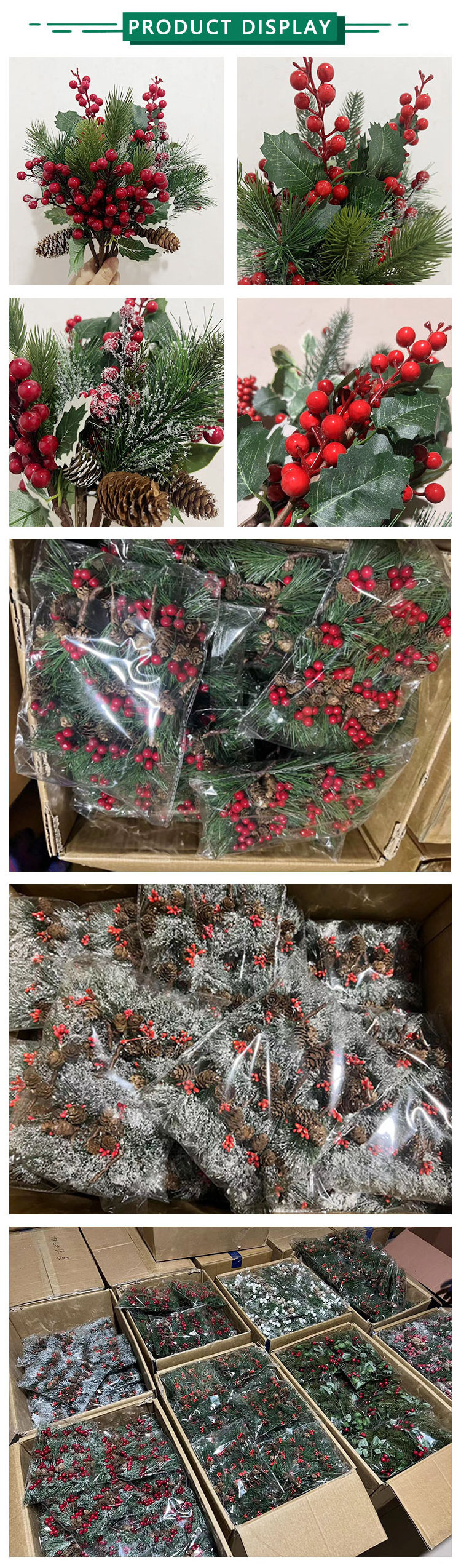 Christmas Decoration Pine Needle Cone Holly And Red Berry Floral Picks christmas berries branches artificial berry picks Stems