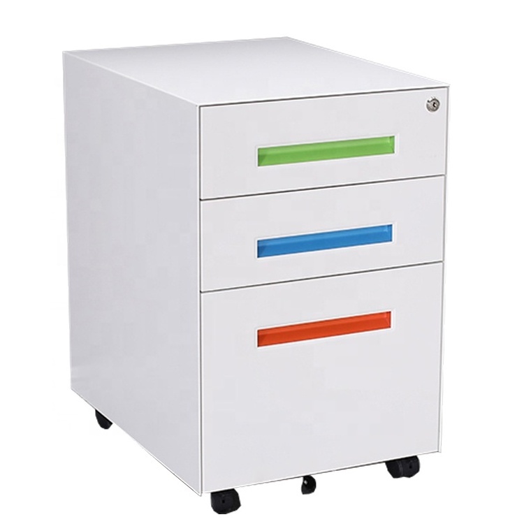 Colorful office equipment narrow side storage cabinet with drawers on wheels