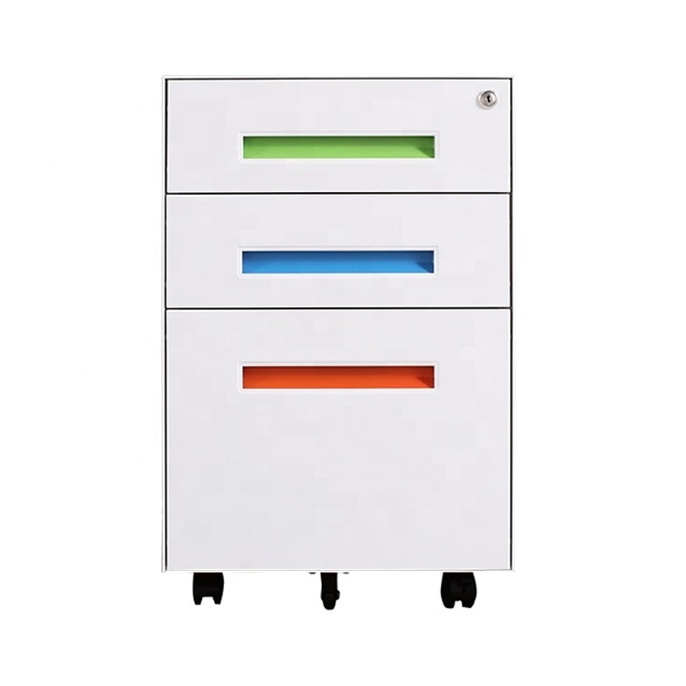 Colorful office equipment narrow side storage cabinet with drawers on wheels