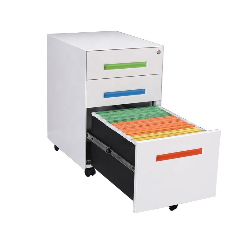 Colorful office equipment narrow side storage cabinet with drawers on wheels