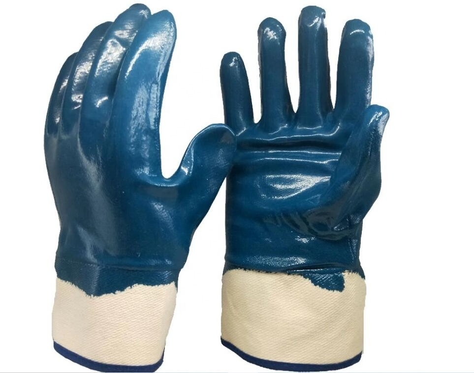 Blue nitrile fully coated gloves with safety cuff, smooth finish