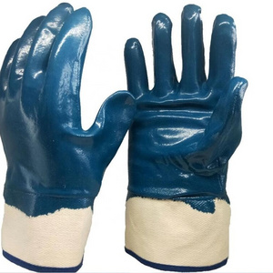 Blue nitrile fully coated gloves with safety cuff, smooth finish